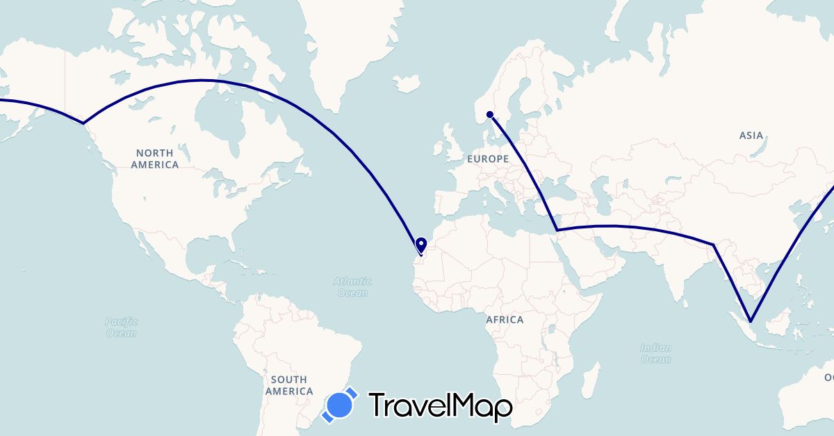 TravelMap itinerary: driving in Bhutan, Western Sahara, Israel, Norway, Singapore, United States (Africa, Asia, Europe, North America)